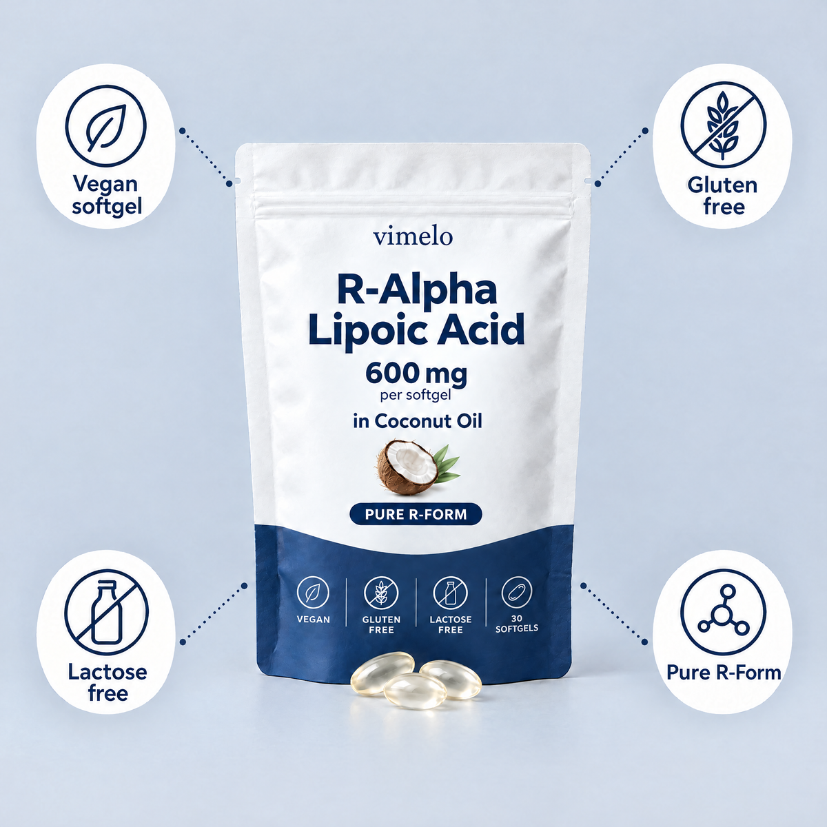 Vegan softgel, gluten free, lactose free, pure R-form