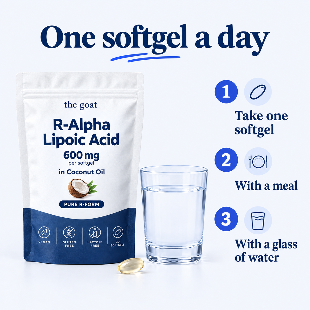 One softgel a day with a meal and a glass of water