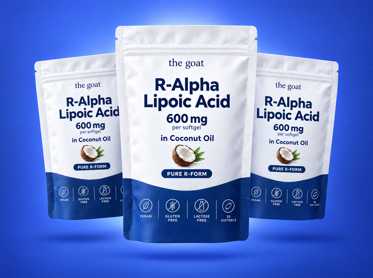Three R-ALA pouches on a blue background