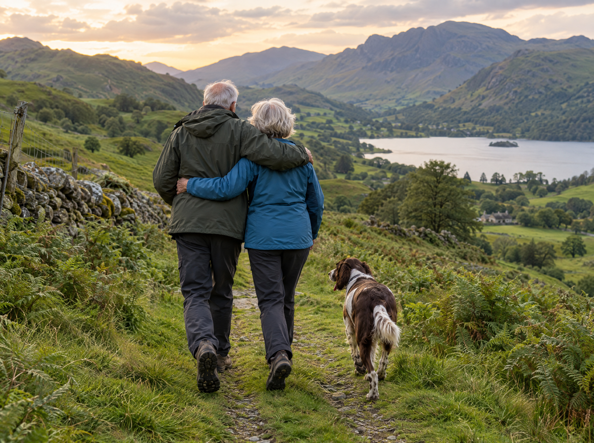 Couple walking with their dog in the countryside