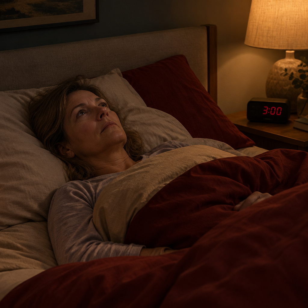 Frau liegt nachts um 3 Uhr wach im Bett