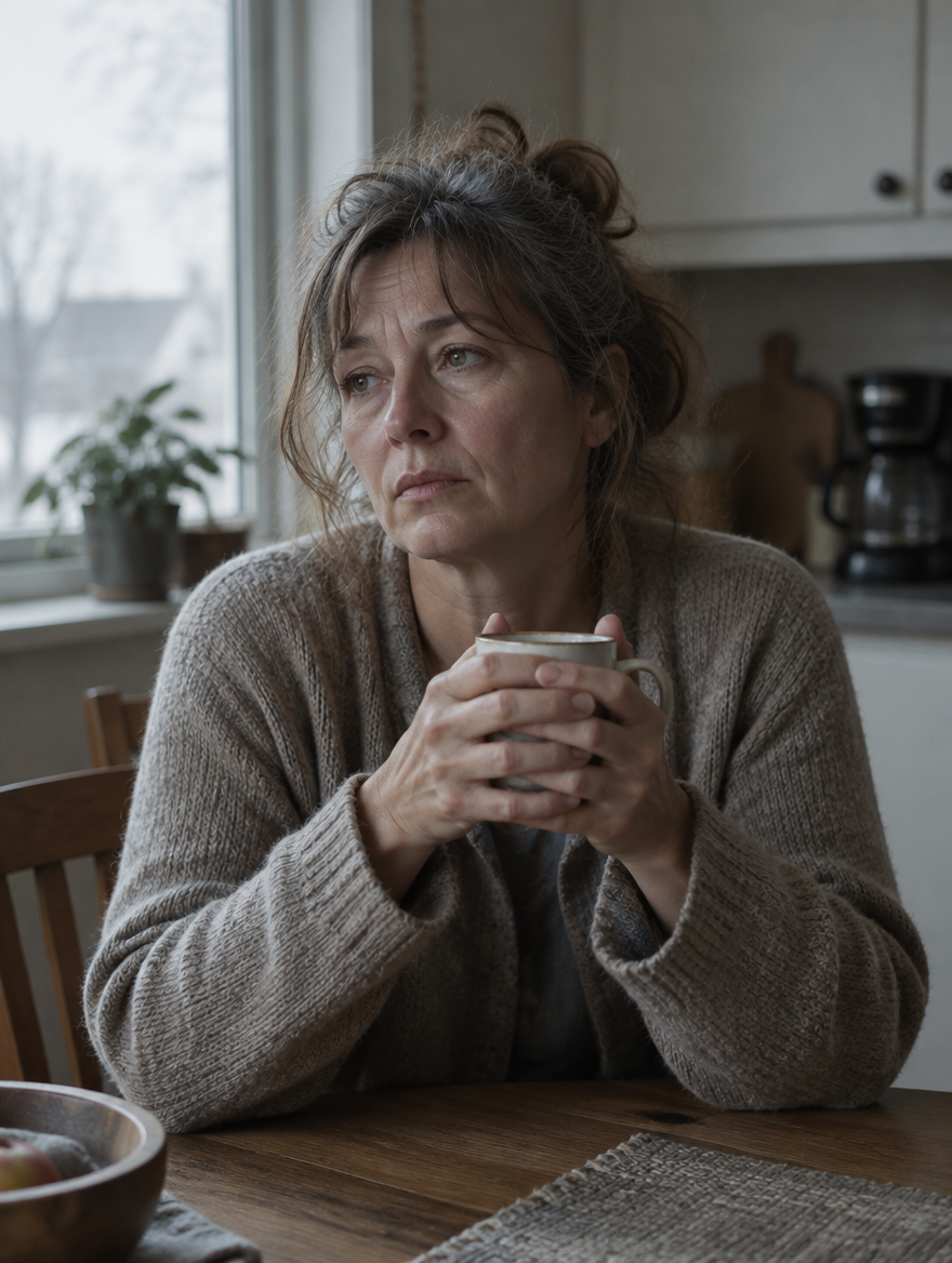 Müde Frau am Morgen mit Kaffeetasse